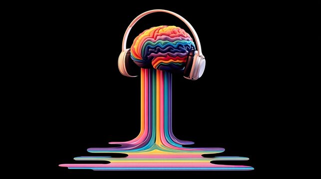 Colorful Brain with Headphones and Melting Rainbow Visuals