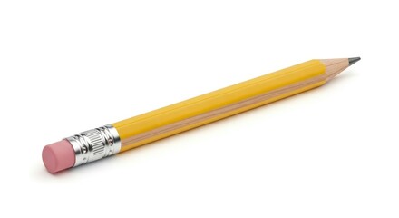 A yellow wooden pencil with a pink eraser and a sharpened graphite tip lies diagonally on a plain white background casting a soft shadow
