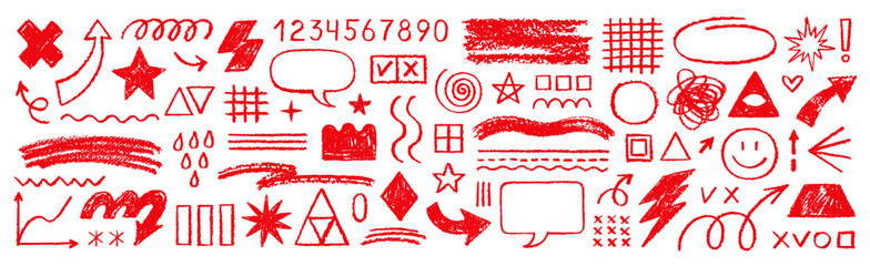 Red underline hand drawn mark. Pencil line arrow, check, star, circle, cross. Marker crayon chalk brush hand drawn underline. Red sketch highlight emphasis. Vector doodle handwritten stroke sign bg