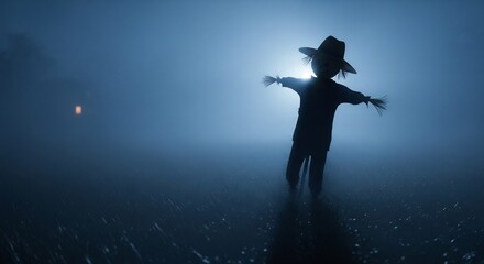 Mysterious scarecrow silhouette standing guard at night. Ideal for Halloween designs, horror book covers, eerie digital art, and atmospheric storytelling. 