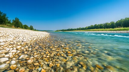 A pebble-strewn riverbank under clear midday sky with turquoise water flowing over stones 
