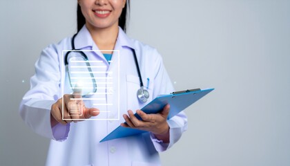Smiling female doctor interacting with virtual patient record interface, demonstrating modern digital healthcare technology