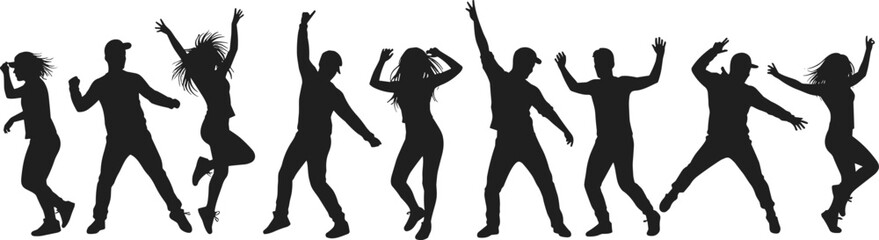 Group of diverse people dancing energetically, celebrating, enjoying music, active lifestyle, movement, party, silhouette figures, fun, happiness, youth