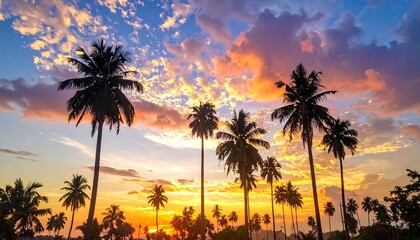 Silhouetted palm trees at sunset