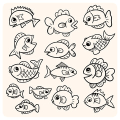 Fototapeta premium Cute Hand-Drawn Outline Cartoon Fish Characters Collection