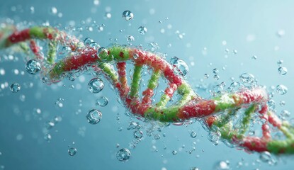 A vivid illustration of a DNA double helix strand, submerged in water with floating bubbles