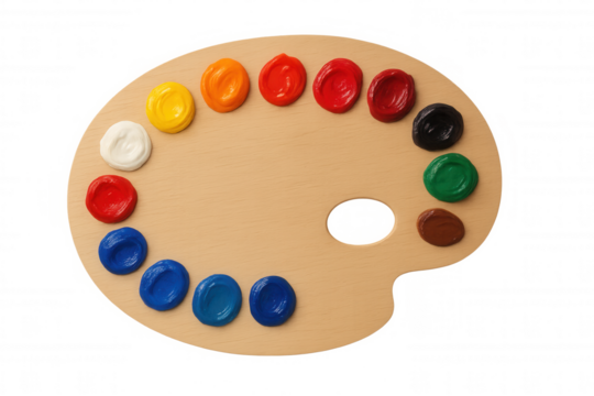 Wooden artist palette holding vibrant paint colors in a semicircle, ready for creative artwork, transparent background