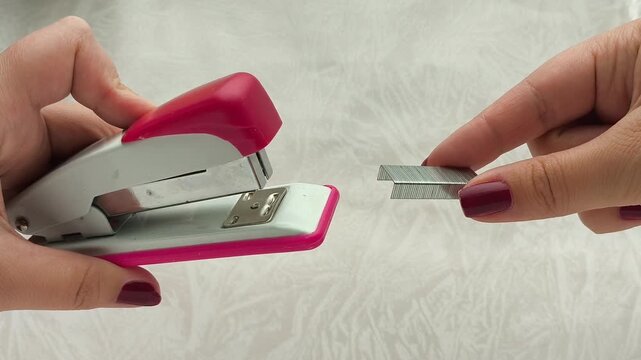 Stapler and metal staples in the hands of a woman. Office Supplies