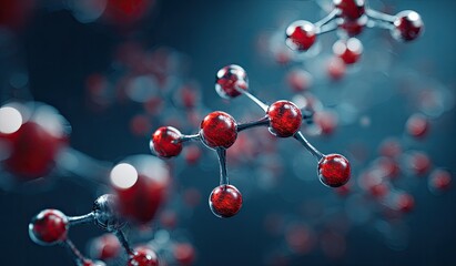 Close-up of a molecular structure, with red spheres connected by gray lines, against a dark background