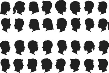 Human profile silhouettes, diverse head shapes, hairstyle variety, male and female faces, black outline, white background, character design, facial contour, artistic heads, graphic element, visual ide