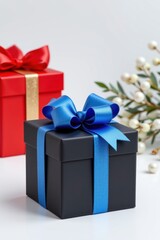 Obraz premium Elegant black gift box with vibrant blue ribbon and bow, surrounded by festive holiday decorations including white berries and a red gift box with gold ribbon