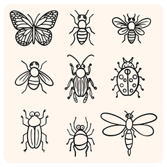 Hand-Drawn Cartoon Style Summer Insects and Bugs Icon Set