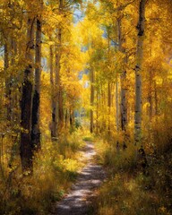 Fototapeta premium Painterly autumn forest path lined with golden aspen trees