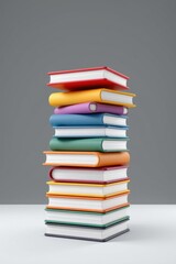 Tall stack of colorful hardcover and softcover books arranged vertically on a plain gray background with shadow for a modern educational and reading concept