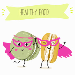 Macarons funny characters, hand drawn vector illustration.