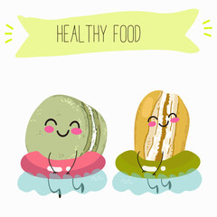  Macarons funny characters, hand drawn vector illustration.