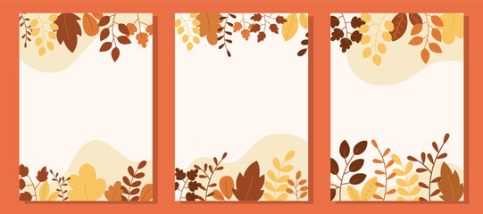 Autumn floral background templates with warm orange and brown leaves, perfect for November seasonal design, fall greeting cards, invitations