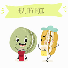  Macarons funny characters, hand drawn vector illustration.