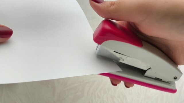 A woman using a stapler fastens white sheets of paper with metal staples