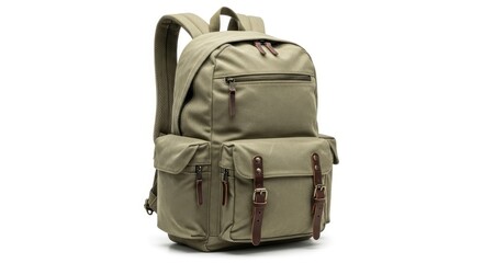 Fototapeta premium An olive green canvas backpack with brown leather accents and multiple pockets stands on a white background It features buckled front pockets and zippered compartments