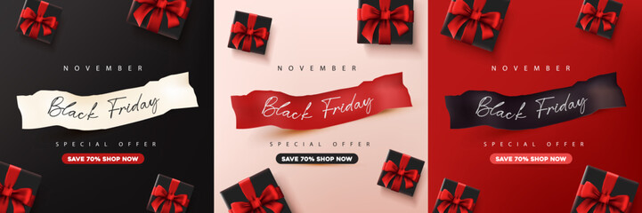 Elegant Black Friday banner with red ribbon gift boxes and torn paper text design perfect for sale promotion and online shopping advertisement