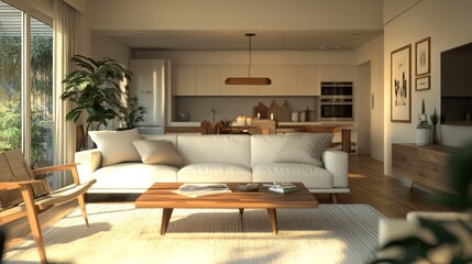 Fototapeta premium 35.A spacious 3D render of a mid-century modern living room, featuring a white sofa with sleek wooden legs, a rustic wooden coffee table, and a neutral background with simple, clean lines on the walls