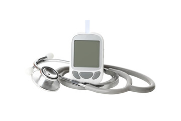 Glucose meter next to a stethoscope on white background, isolated, PNG
