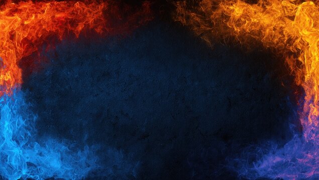 Fiery frame of blue, orange, and red flames encircling a textured dark background