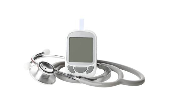 Glucose meter next to a stethoscope on white background, isolated, PNG