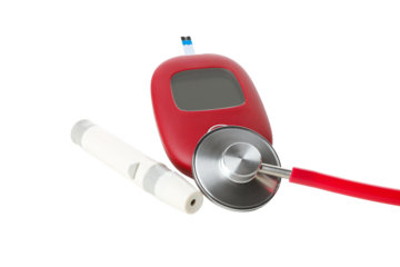 Glucose meter, stethoscope, syringe on white, isolated, PNG