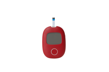 Red blood glucose monitor with display and testing strip, PNG
