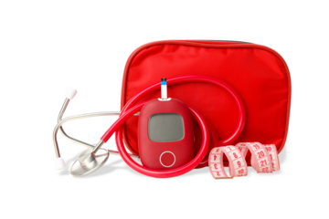 Red medical kit with glucose meter and tape, isolated, PNG