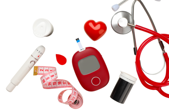 Diabetes management tools on white background, isolated, PNG