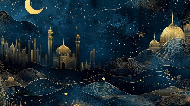 14.A contemporary Ramadan Kareem greeting card design featuring intricate line art of a mosque silhouette, crescent moons, and stars, with a rich blue and gold color palette to represent peace and