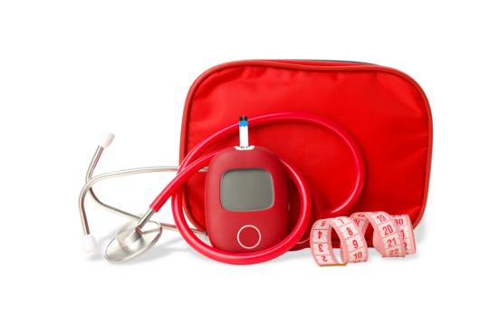 Red medical kit with glucose meter and tape, isolated, PNG - Powered by Adobe