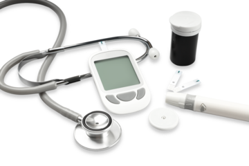 Glucose meter and stethoscope on white surface, isolated, PNG