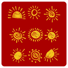 Rustic Hand-Drawn Yellow Sun Icons Set on Red Background