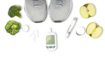 Footwear, broccoli, apple, insulin pen, glucose monitor, isolated, PNG