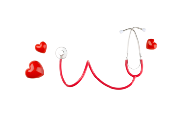 Red stethoscope curving around three red hearts, isolated, PNG