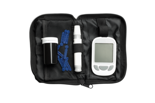 Diabetes kit: meter, strips, lancet in zip case, isolated, PNG