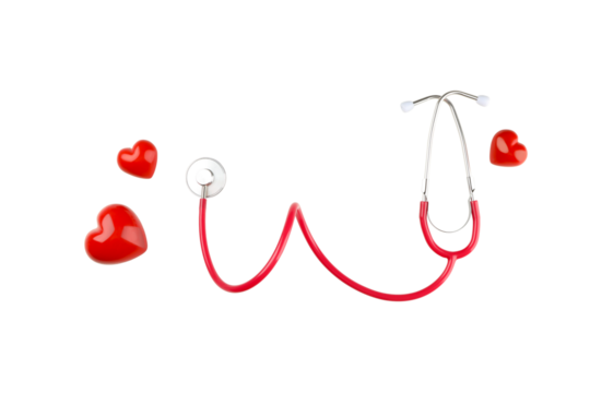 Red stethoscope curving around three red hearts, isolated, PNG