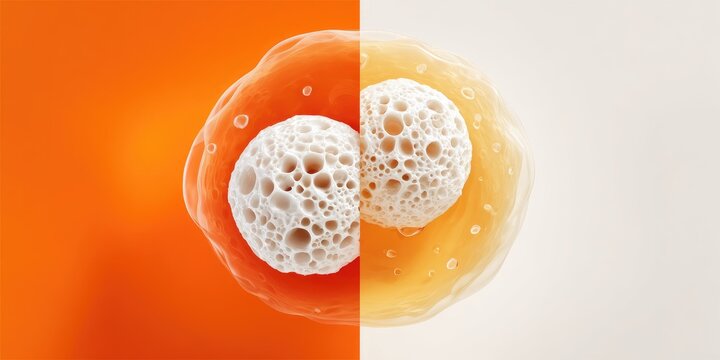 A split-screen view of a cell, one side orange, the other beige, both with white, porous centers