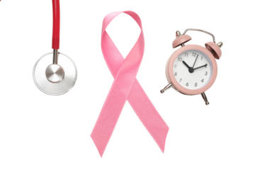 Pink ribbon, stethoscope, and clock on white, isolated, PNG