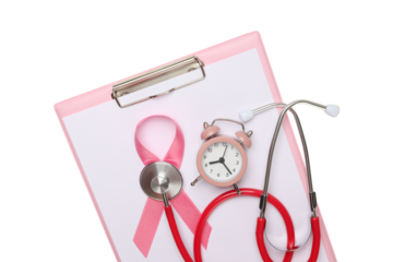 Clipboard with pink ribbon, clock, and stethoscope, isolated, PNG