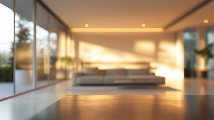 Fototapeta premium 41.A serene, blurred image of a contemporary living room with a focus on inviting, relaxed seating, soft, natural light pouring in, and a minimalist decor scheme that enhances the peaceful vibe