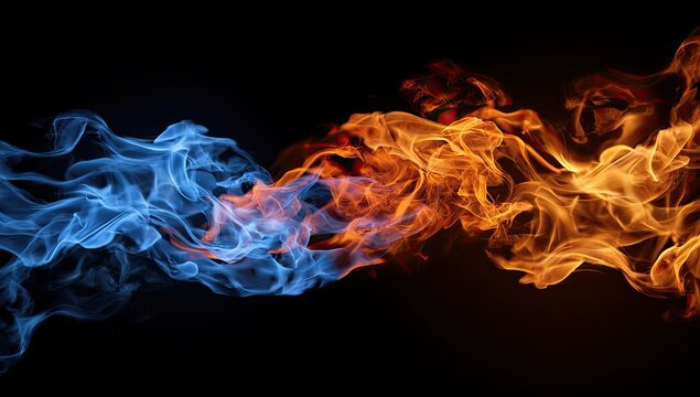 Opposing flames, blue and orange, intertwine against a stark black background