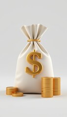Close-up of a white money bag with a gold dollar sign charm, surrounded by stacks of gold coins on a plain light gray background, representing wealth and financial success