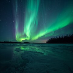 Northern Lights Glow Over Frozen Lake Under Starry Sky with Aurora Reflection