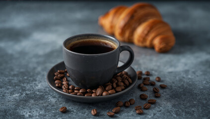 Dark coffee and golden croissant coffee beans dark cup