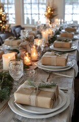 Rustic christmas dining table setting with holiday gifts
